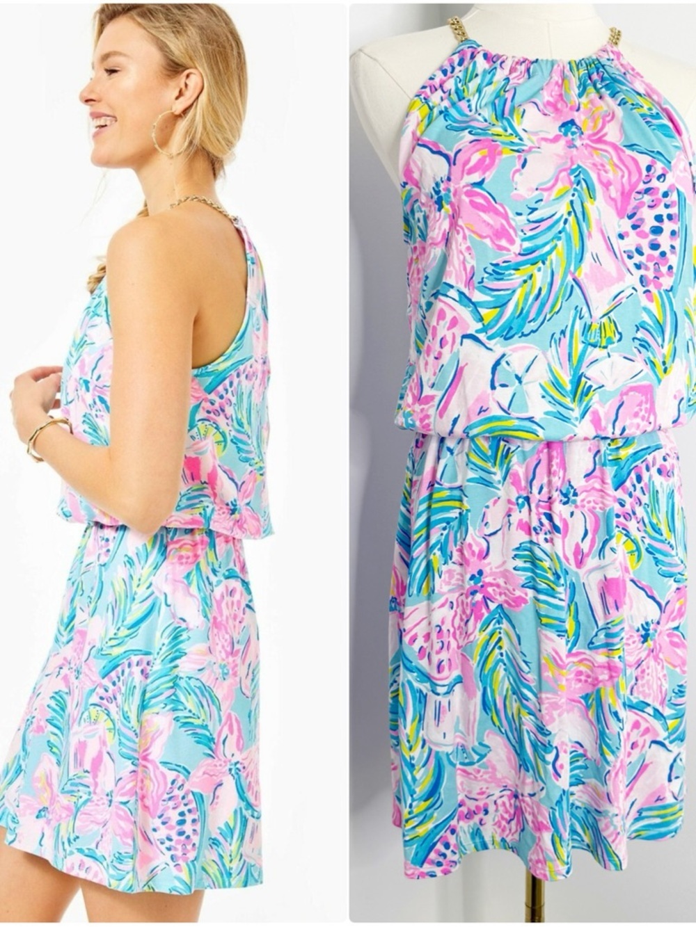 Lilly Pulitzer Bowen Skort Romper Dress Small Pink Blue Tropical Gold Chain